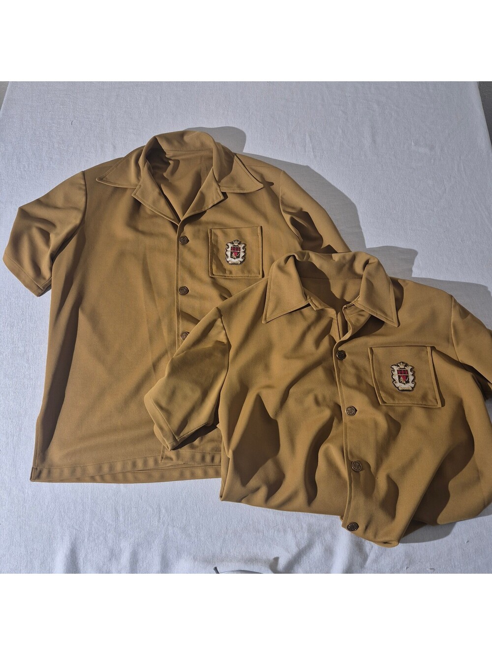 Pair Vintage Men's Homemade Short Sleeve Button-Up L/XL? Shirt Embroidered Crest